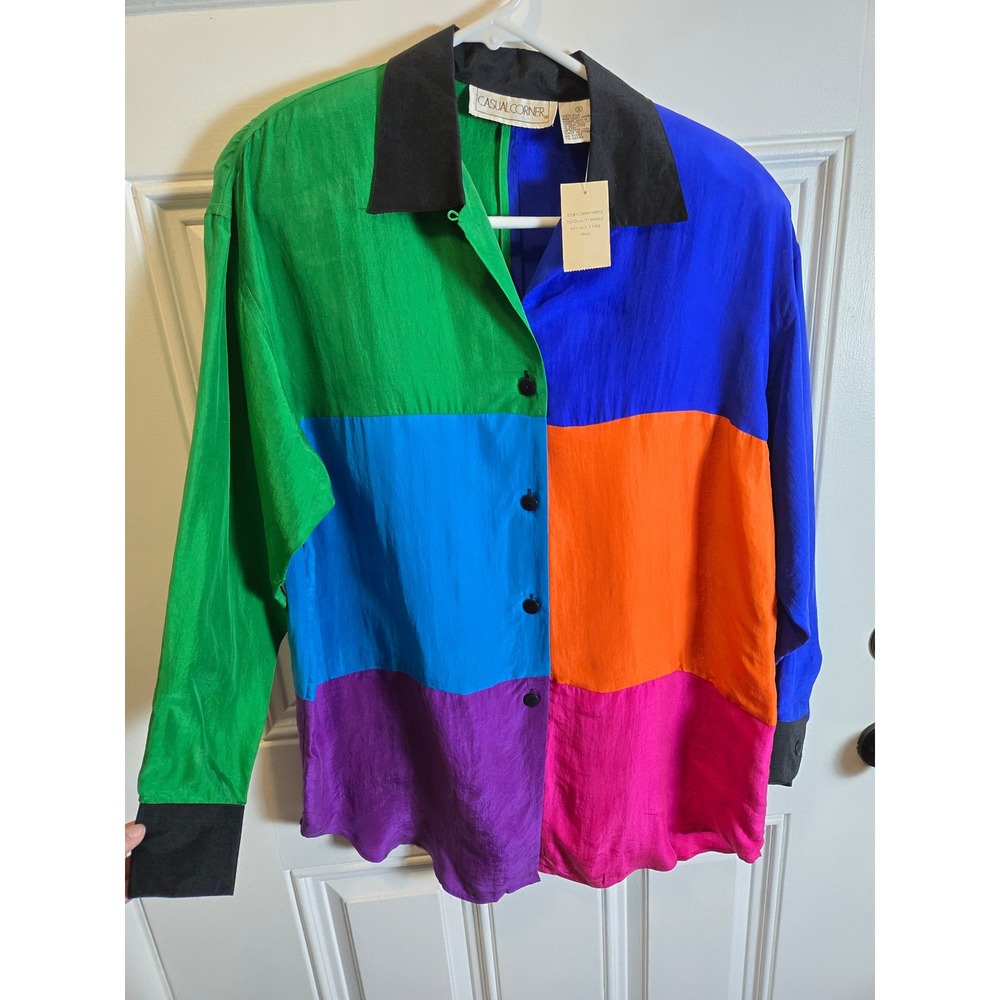 Casual Corner Vintage 90s Silk Colorblock Button Down Shirt Women Small NWT